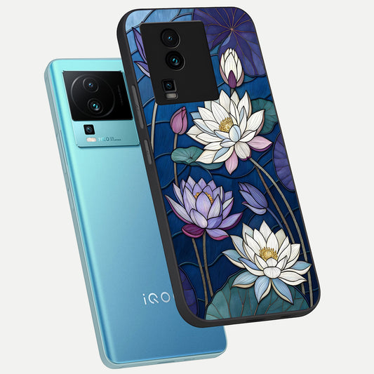 Purple Lotus Stained phone case For iQOO Neo 7 Pro showing premium glass back cover with detailed artwork