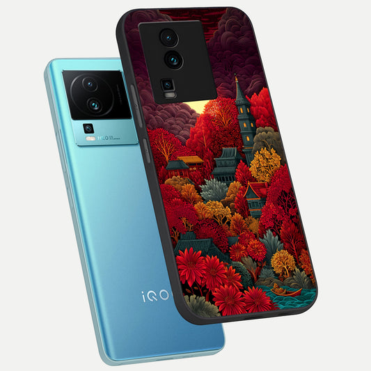 Scarlet Autumn Temple phone case For iQOO Neo 7 Pro showing premium glass back cover with detailed artwork