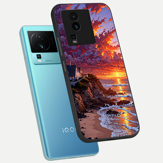 Sunset House By Sea phone case For iQOO Neo 7 Pro showing premium glass back cover with detailed artwork