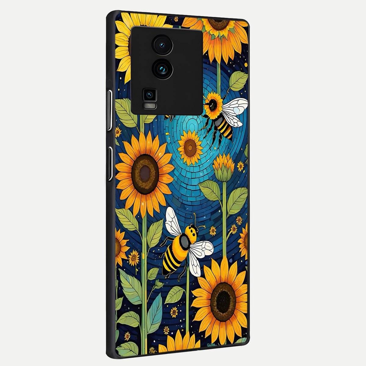 Bees And Sunflowers back cover For iQOO Neo 7 Pro slim fit glass case with vibrant aesthetic design