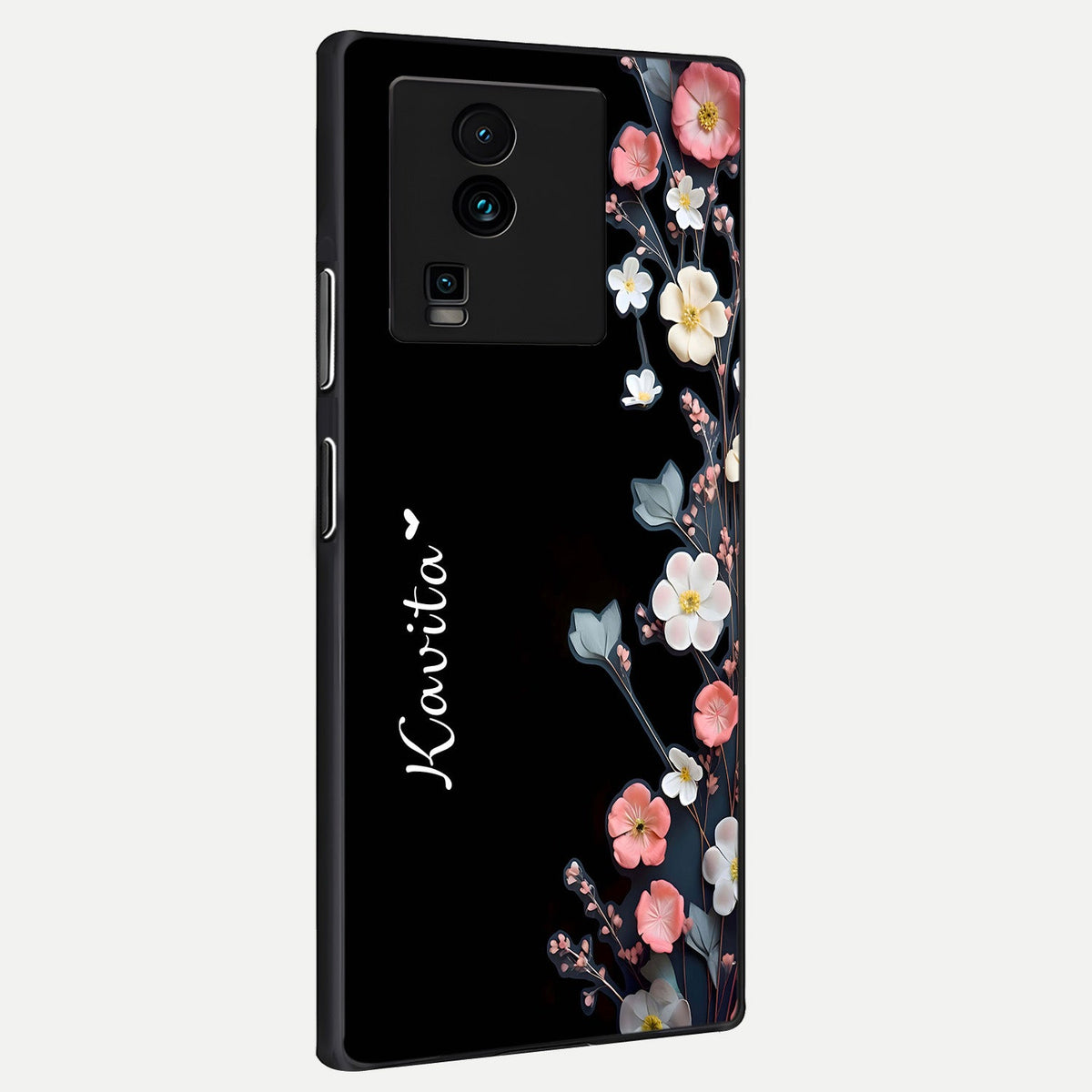 Black Elegance Floral Custom Name back cover For iQOO Neo 7 Pro slim fit glass case with vibrant aesthetic design