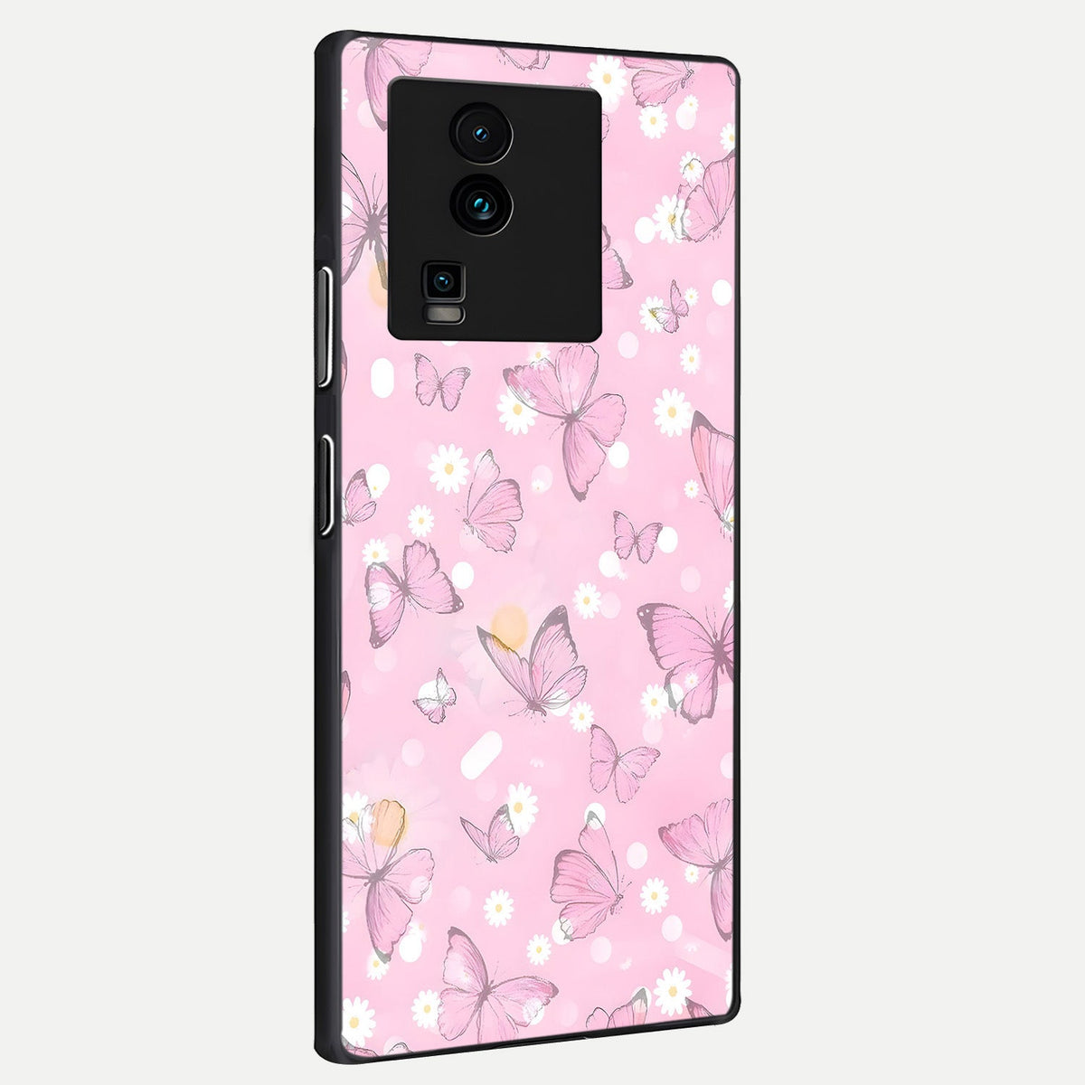 Blush Butterfly Garden back cover For iQOO Neo 7 Pro slim fit glass case with vibrant aesthetic design