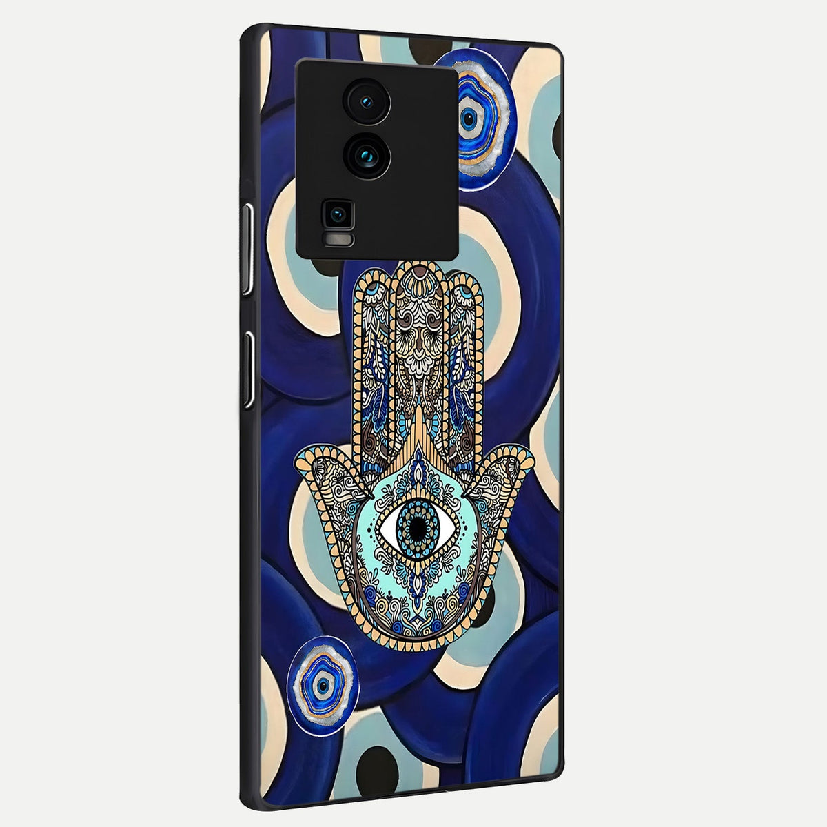 Hamsa Divine Guard back cover For iQOO Neo 7 Pro slim fit glass case with vibrant aesthetic design