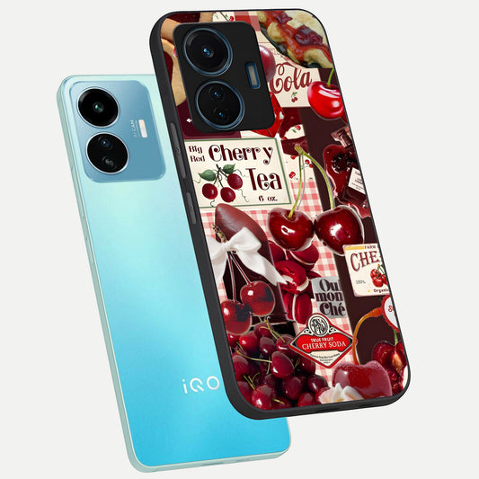 Aesthetic Cherry Tea phone case For iQOO Z6 Lite 5G showing premium glass back cover with detailed artwork