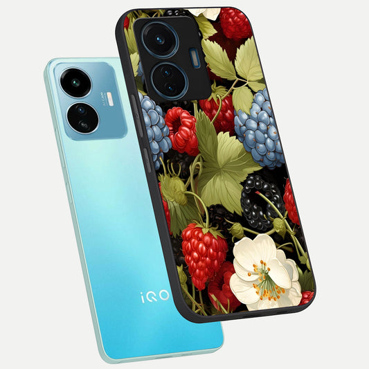 Berry Bloom Charm phone case For iQOO Z6 Lite 5G showing premium glass back cover with detailed artwork