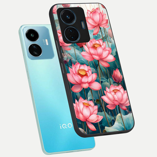 Celestial Pink Lotus phone case For iQOO Z6 Lite 5G showing premium glass back cover with detailed artwork