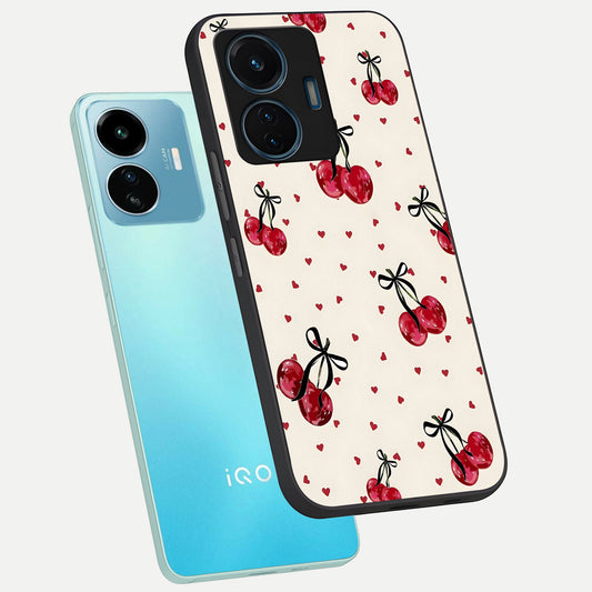 Cherry Heart Bow phone case For iQOO Z6 Lite 5G showing premium glass back cover with detailed artwork