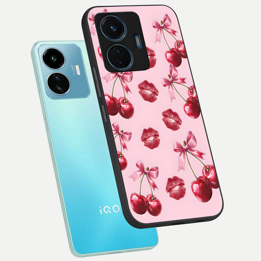 Cherry With Lips phone case For iQOO Z6 Lite 5G showing premium glass back cover with detailed artwork