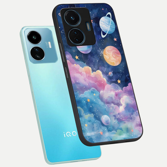 Cosmic Planet Dreams phone case For iQOO Z6 Lite 5G showing premium glass back cover with detailed artwork
