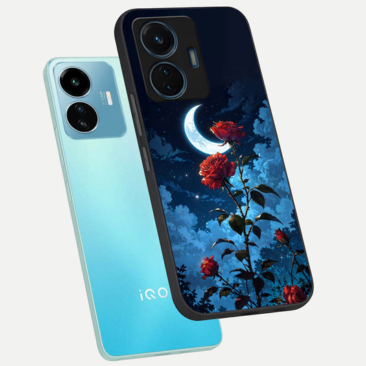 Crimson Rose Moon phone case For iQOO Z6 Lite 5G showing premium glass back cover with detailed artwork