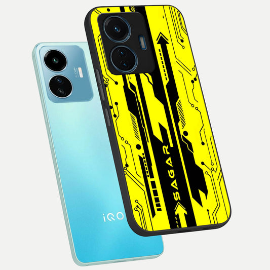 Electric Pulse CYBERPUNK Custom Name phone case For iQOO Z6 Lite 5G showing premium glass back cover with detailed artwork