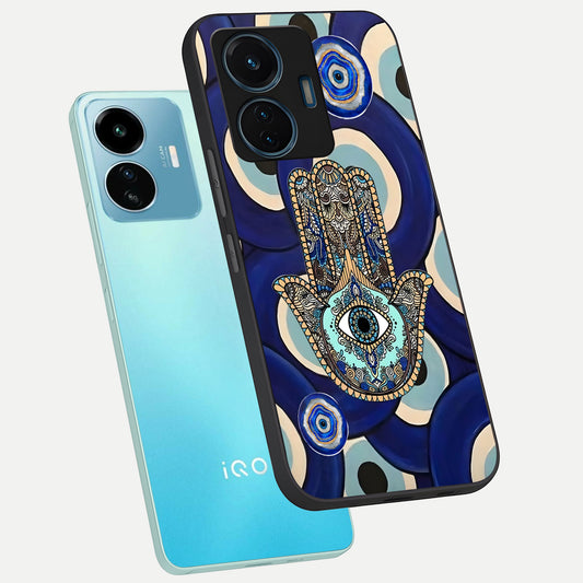 Hamsa Divine Guard phone case For iQOO Z6 Lite 5G showing premium glass back cover with detailed artwork
