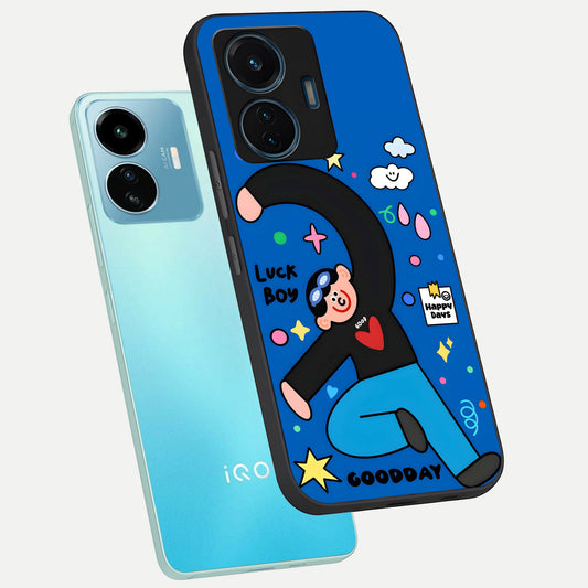 Happy Luck Vibe phone case For iQOO Z6 Lite 5G showing premium glass back cover with detailed artwork