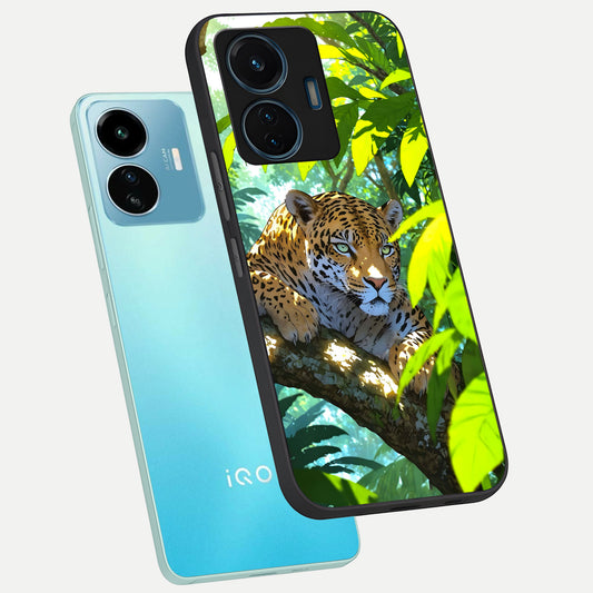Leopard in Jungle phone case For iQOO Z6 Lite 5G showing premium glass back cover with detailed artwork