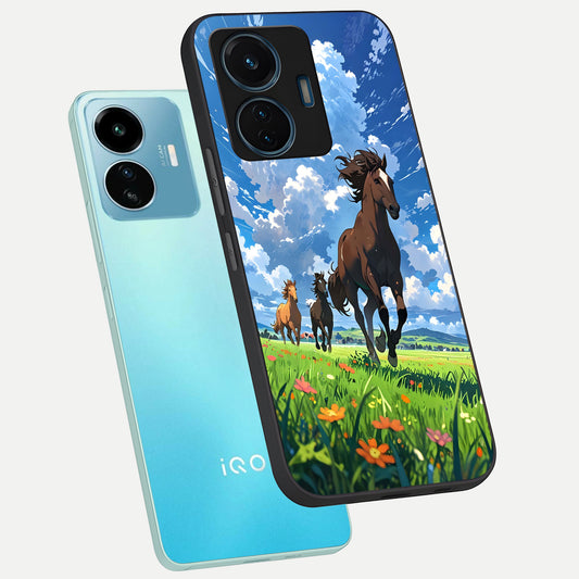 Majestic Horses Galloping phone case For iQOO Z6 Lite 5G showing premium glass back cover with detailed artwork