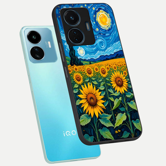 Starry Sunflower Dreams phone case For iQOO Z6 Lite 5G showing premium glass back cover with detailed artwork