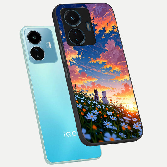 Two Cats Friends phone case For iQOO Z6 Lite 5G showing premium glass back cover with detailed artwork