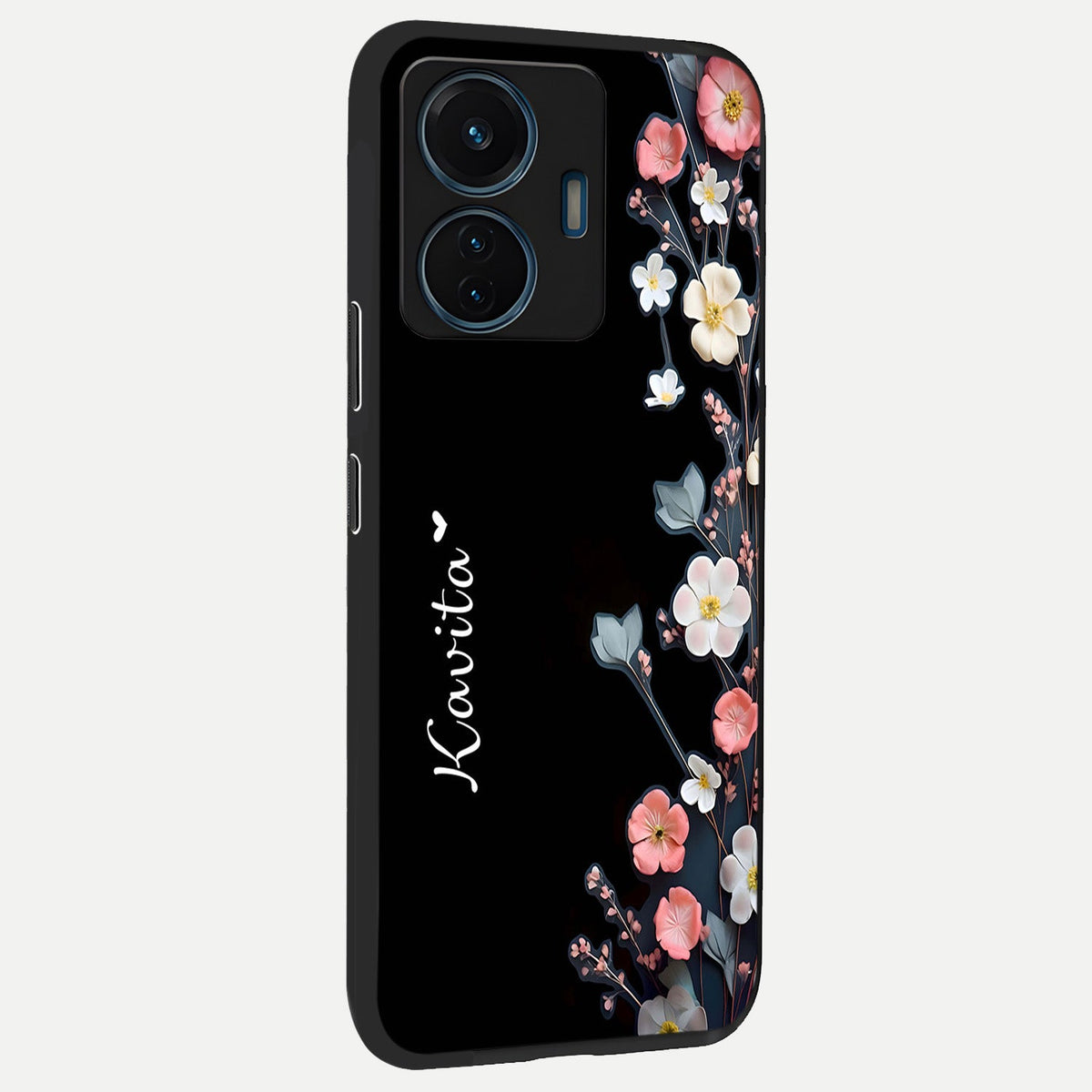 Black Elegance Floral Custom Name back cover For iQOO Z6 Lite 5G slim fit glass case with vibrant aesthetic design