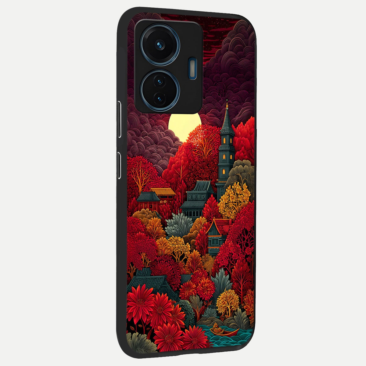 Scarlet Autumn Temple back cover For iQOO Z6 Lite 5G slim fit glass case with vibrant aesthetic design