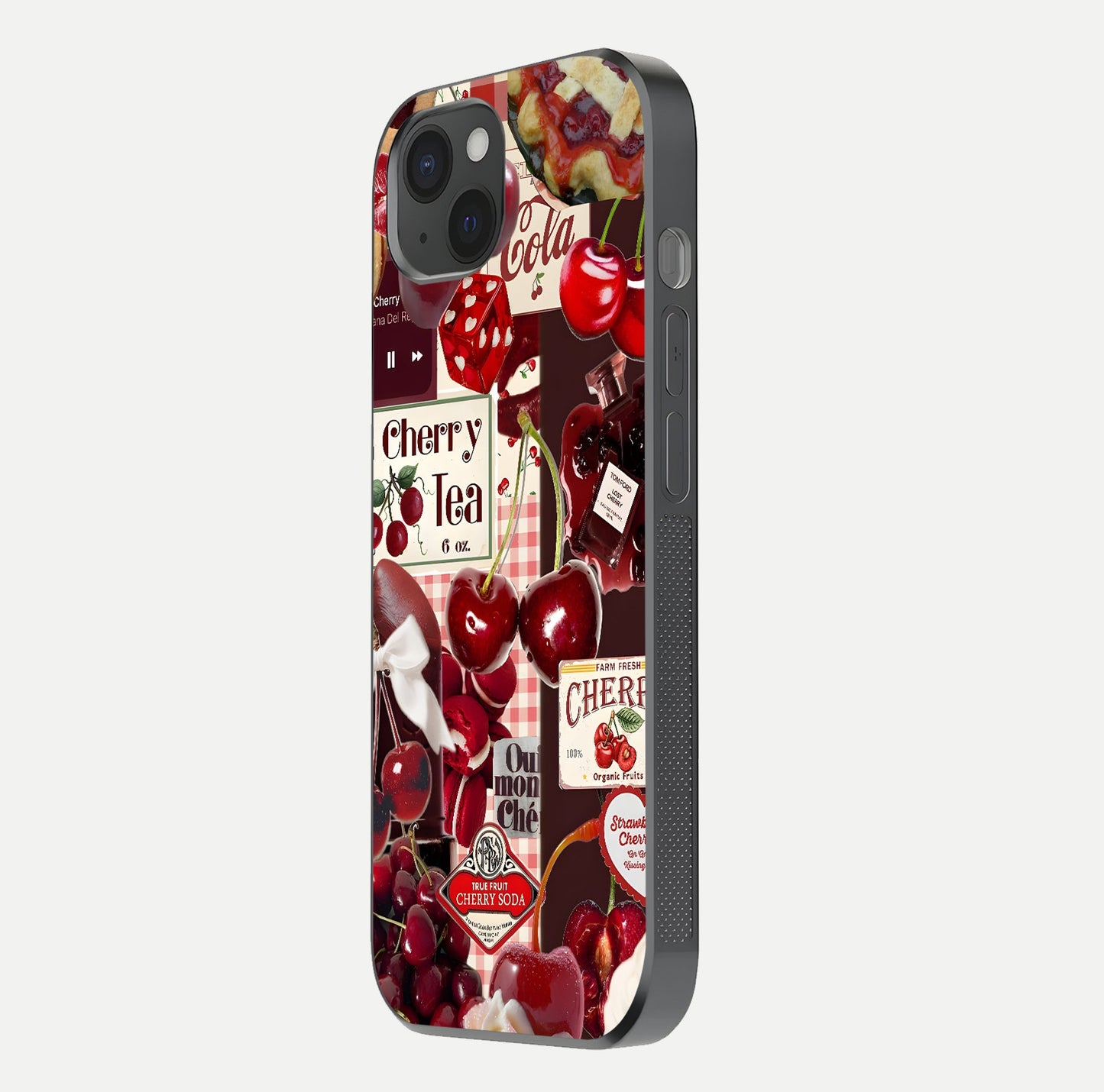 Aesthetic Cherry Tea Glass Case for iPhone 15 Plus side-angle image showing cherry collage print, camera module, and glossy finish reflection