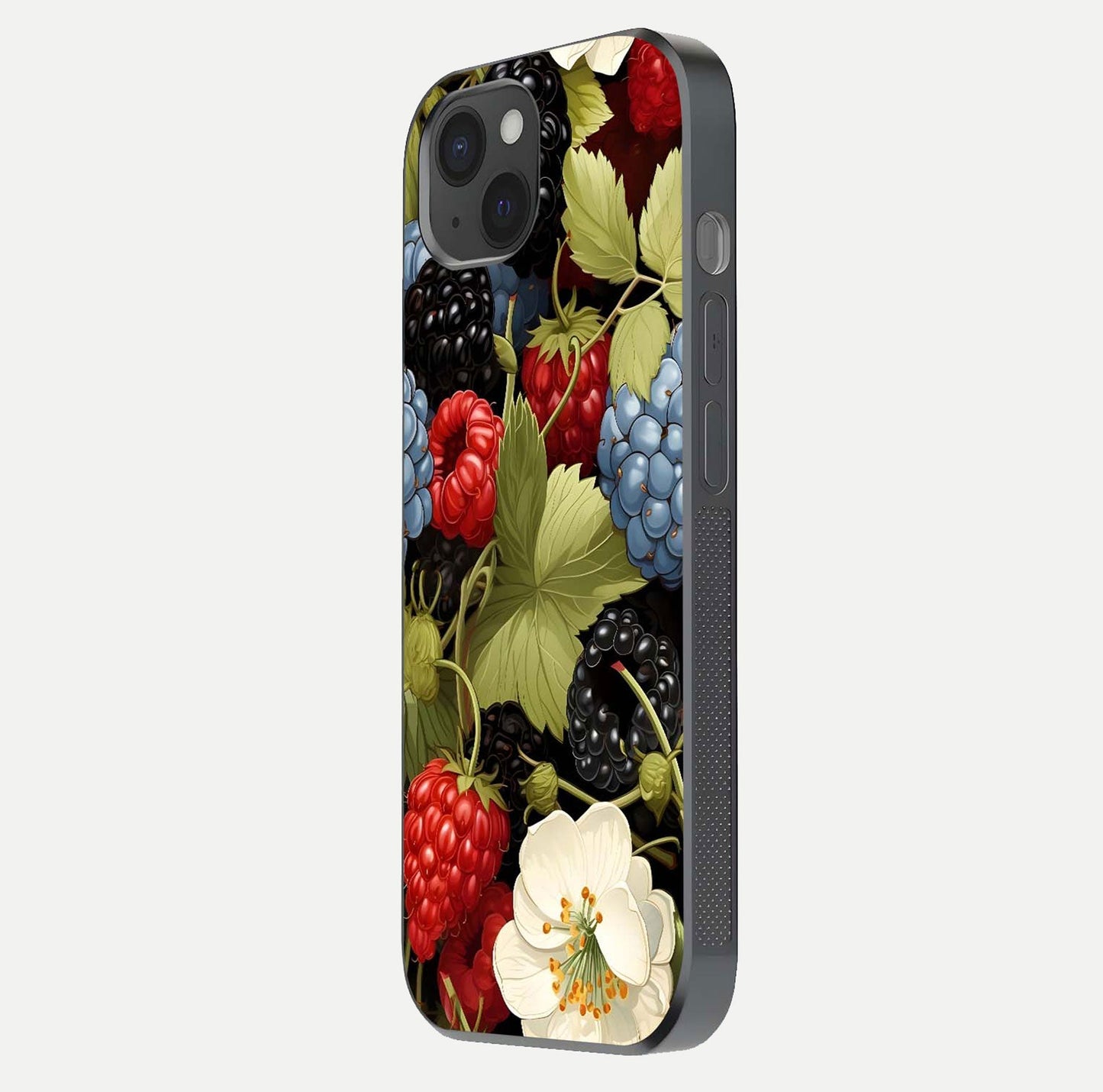 Berry Bloom Charm Glass Case for iPhone 15 Plus side-angle image showing floral texture and high-definition print gloss