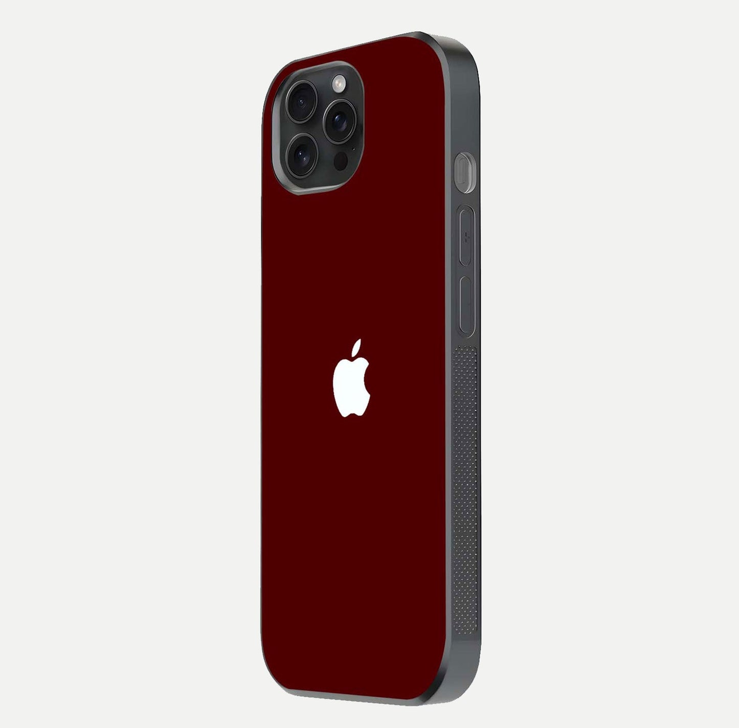 Apple Crimson Core Glass Case for iPhone 15 Pro side-angle shot showing camera bump alignment and glossy shine