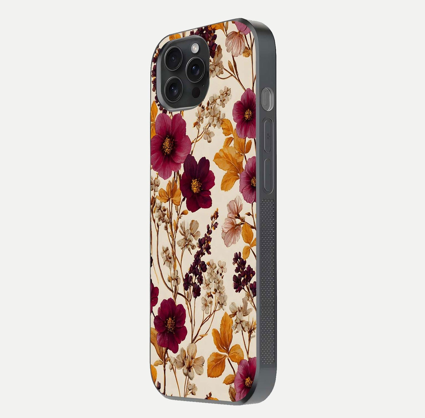 Autumn Wine Bloom Glass Case for iPhone 15 Pro side-angle showcasing floral design, texture gloss, and camera frame