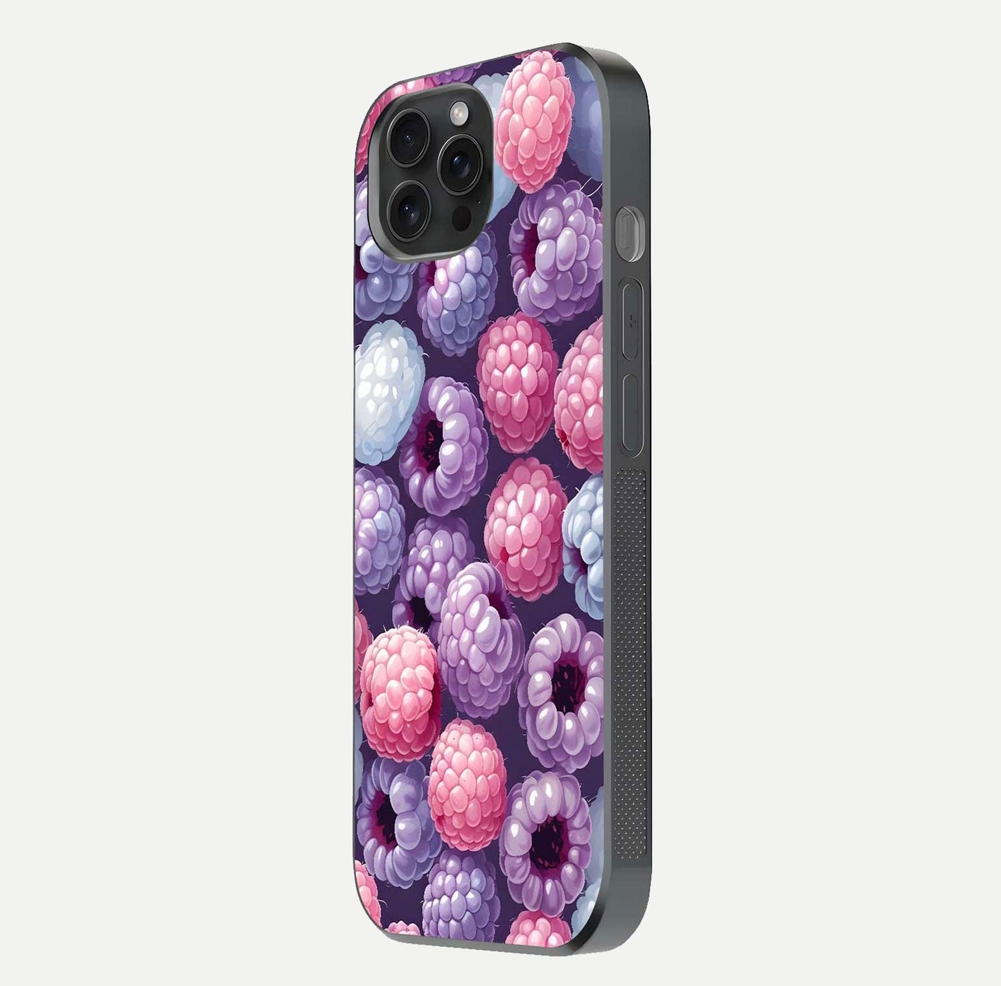 Berry Candy Pop Glass Case for iPhone 15 Pro side-angle image with bright color tones and smooth reflection