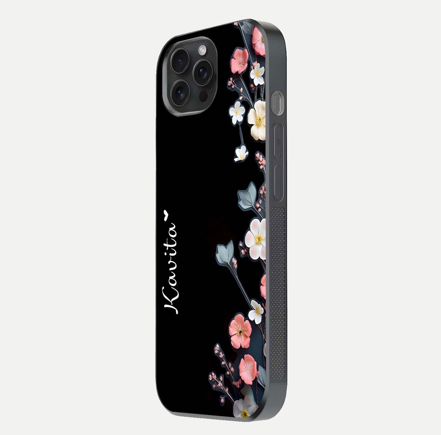 Black Elegance Floral Custom Name Glass Case for iPhone 15 Pro side-angle showing black gloss depth and delicate print texture