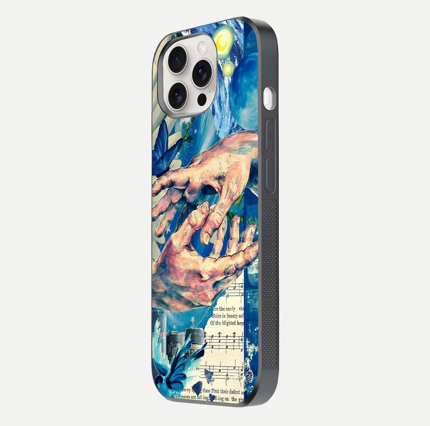Aesthetic Divider Glass Case for iPhone 15 Pro Max side-angle image showing divider pattern print, camera module, and glossy finish reflection