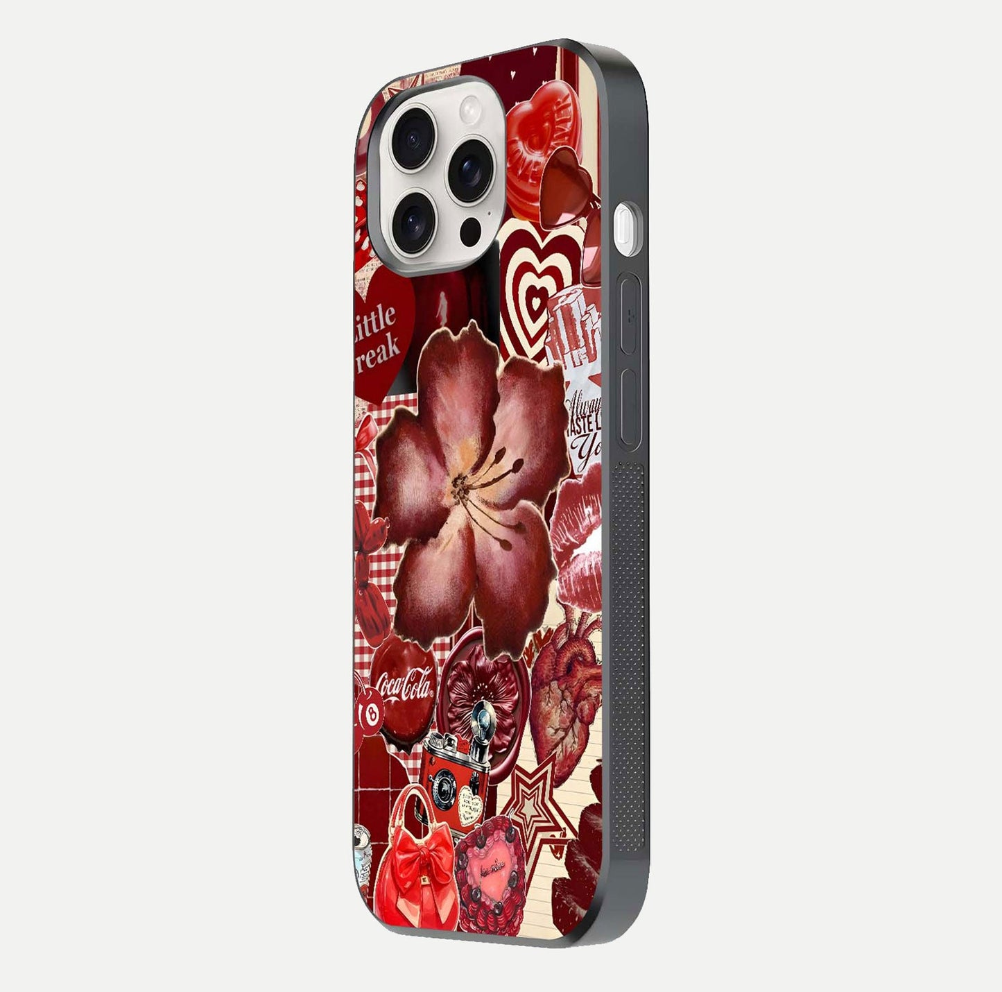 Aesthetic Little Freak Glass Case for iPhone 15 Pro Max side-angle image showing colorful design, camera module, and glossy finish reflection