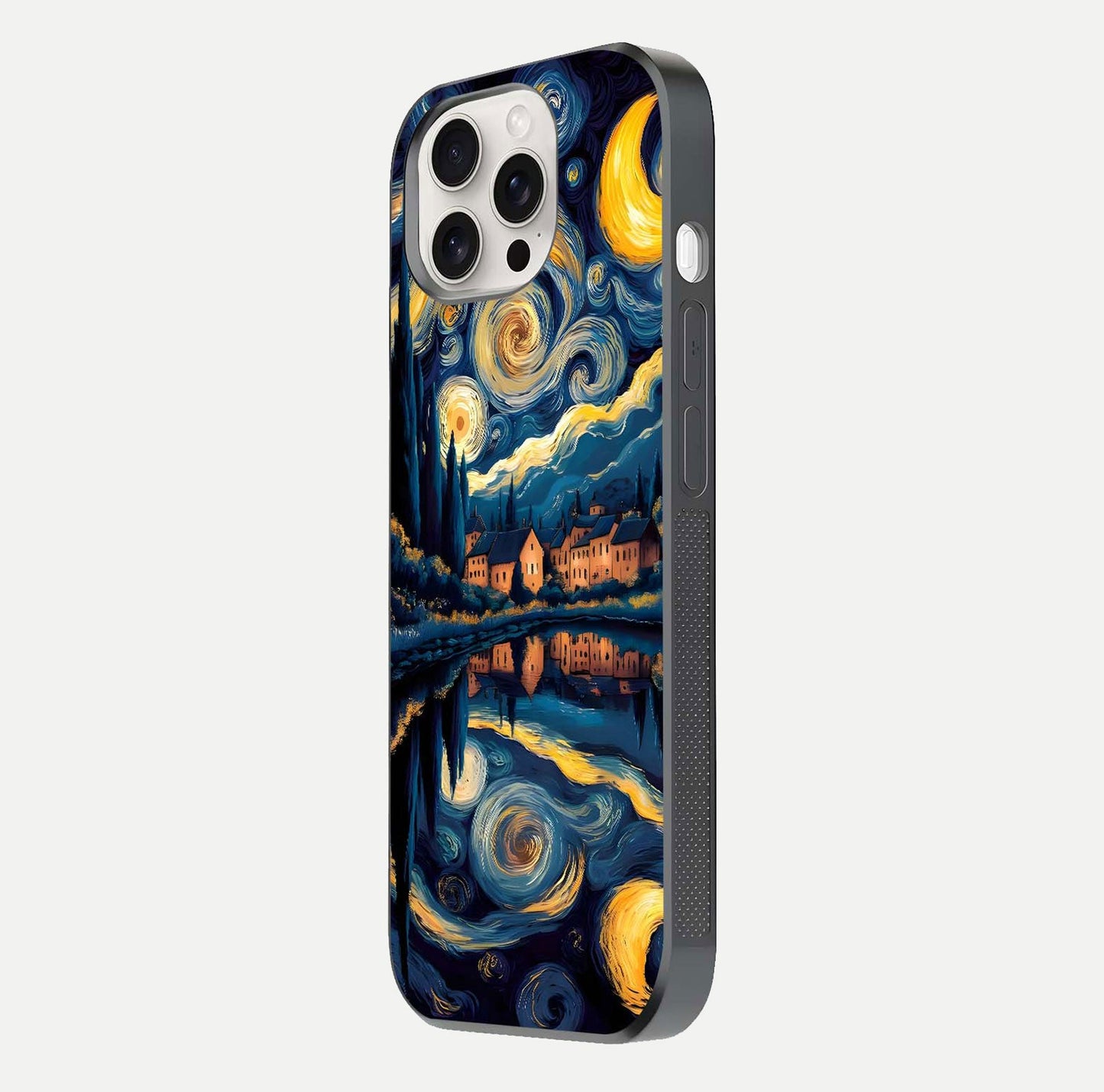 Starry Sky Serenity Glass Case for iPhone 15 Pro Max side-angle image showing reflection and night-sky detail