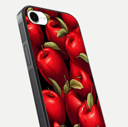 Apple Pattern Glass Case for iPhone 16e close-up angle showing pattern texture and shine reflection