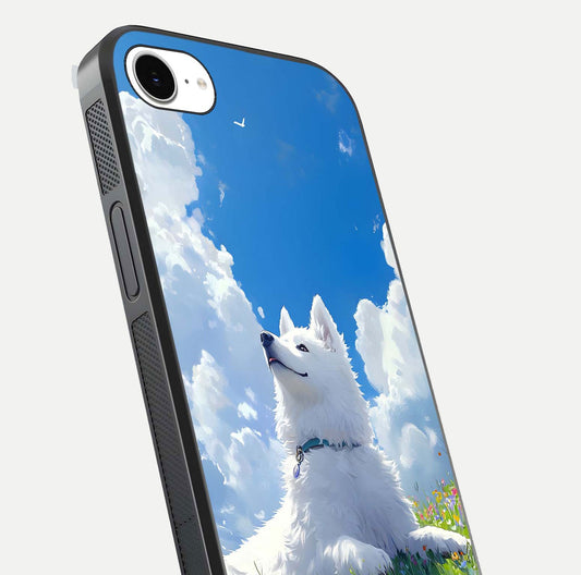 Blissful Cloud Pup Glass Case for iPhone 16e close-up image highlighting puppy details and glossy reflection