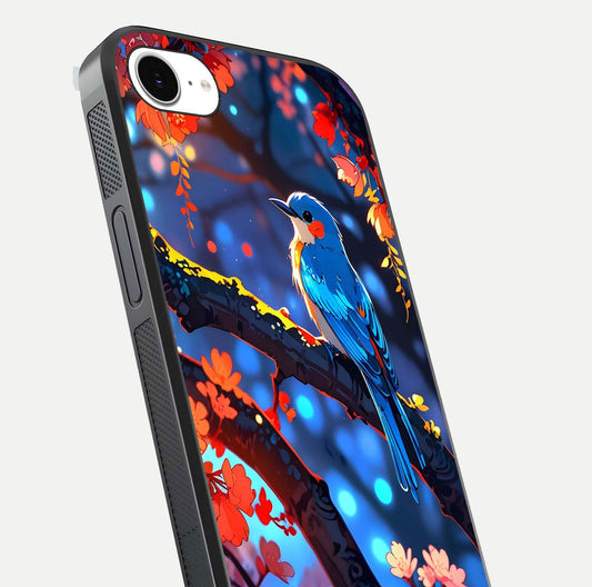 Blooming Spendor Bird Glass Case for iPhone 16e close-up shot highlighting bird design details and glossy shine