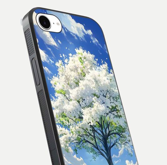 Blossom Sky Serenity Glass Case for iPhone 16e close-up highlighting calming flower details and reflection gloss