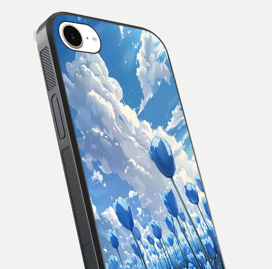 Blue Tulip Clouds Glass Case for iPhone 16e close-up image highlighting tulip petals, clouds, and reflection texture