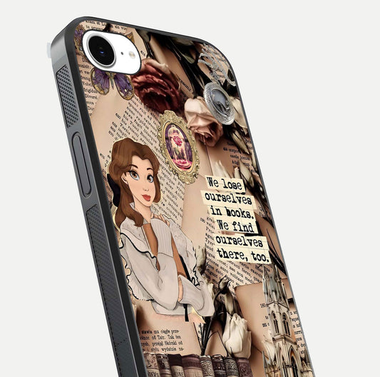 Bookish Dream World Glass Case for iPhone 16e close-up shot highlighting book elements and reflection gloss