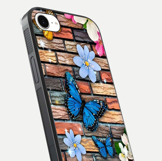Brick Bloom Flight Glass Case for iPhone 16e close-up angle highlighting flower clusters and reflection detail