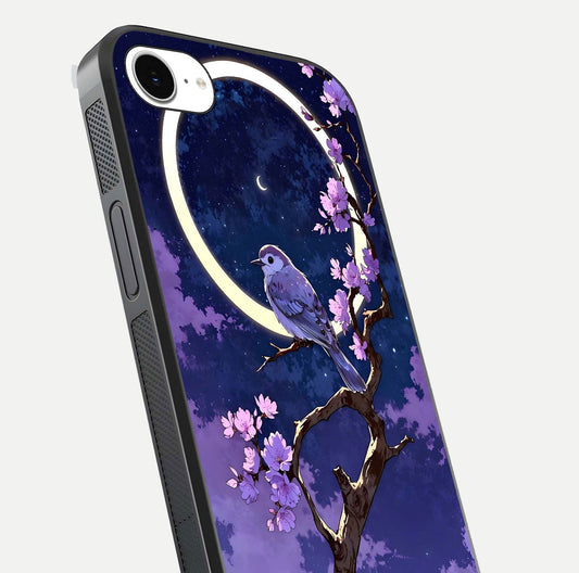 Celestial Bird Blossom Glass Case for iPhone 16e close-up capturing bird detail, petal reflection, and gloss shine