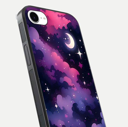 Celestial Moon Magic Glass Case for iPhone 16e close-up view highlighting moon crater detail and glass shine