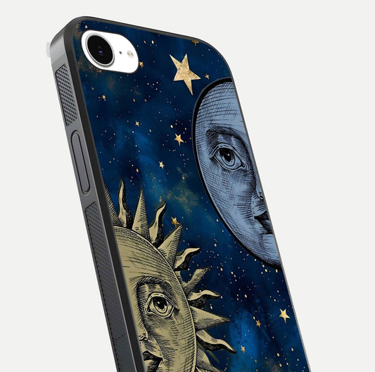 Celestial Moon With Sun Glass Case for iPhone 16e close-up highlighting fine celestial detail and polish reflection