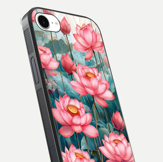 Celestial Pink Lotus Glass Case for iPhone 16e close-up highlighting petal detail and HD glass reflection