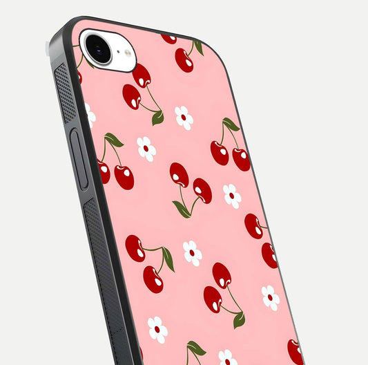 Cherry Love Mood Glass Case for iPhone 16e close-up highlighting cherry heart pattern and reflection shine