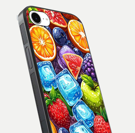 Colorful Fruits with Ice Glass Case for iPhone 16e close-up highlighting fruit color and reflection glow