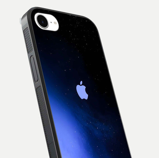Cosmic Blue Apple Glass Case for iPhone 16e close-up highlighting galaxy pattern, shine, and reflection detail