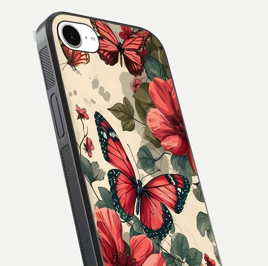 Crimson Butterfly Garden Glass Case for iPhone 16e close-up showing wing detail and reflection shine