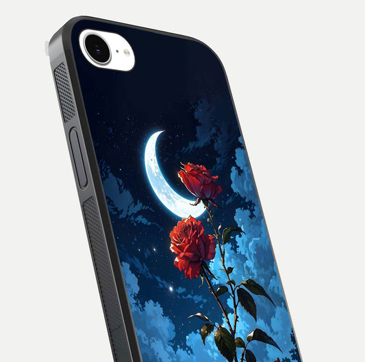 Crimson Rose Moon Glass Case for iPhone 16e close-up showing rose detail and reflection highlight