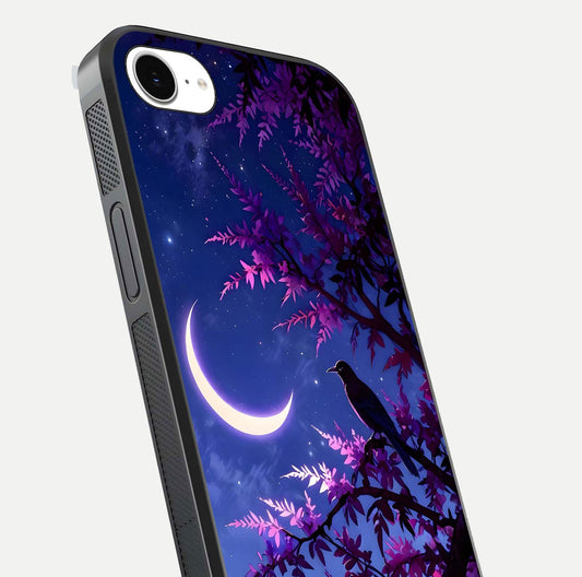 Crow & Moon Scenery Glass Case for iPhone 16e close-up highlighting moon detail, dark tones, and glass reflection