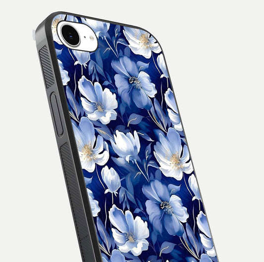 Cute Floral Patterns Glass Case for iPhone 16e close-up highlighting flowers and gloss reflection